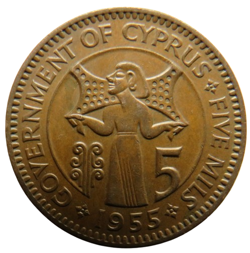 1955 Queen Elizabeth II Cyprus 5 Mils Coin