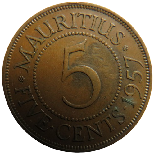 1957 Queen Elizabeth II Mauritius 5 Cents Coin