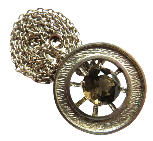 Good Quality Sterling Silver Necklace & Wheel Pendant With Smokey Quartz