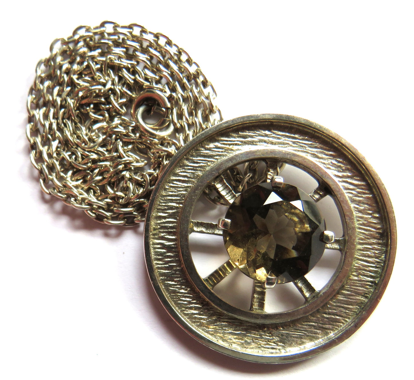 Good Quality Sterling Silver Necklace & Wheel Pendant With Smokey Quartz