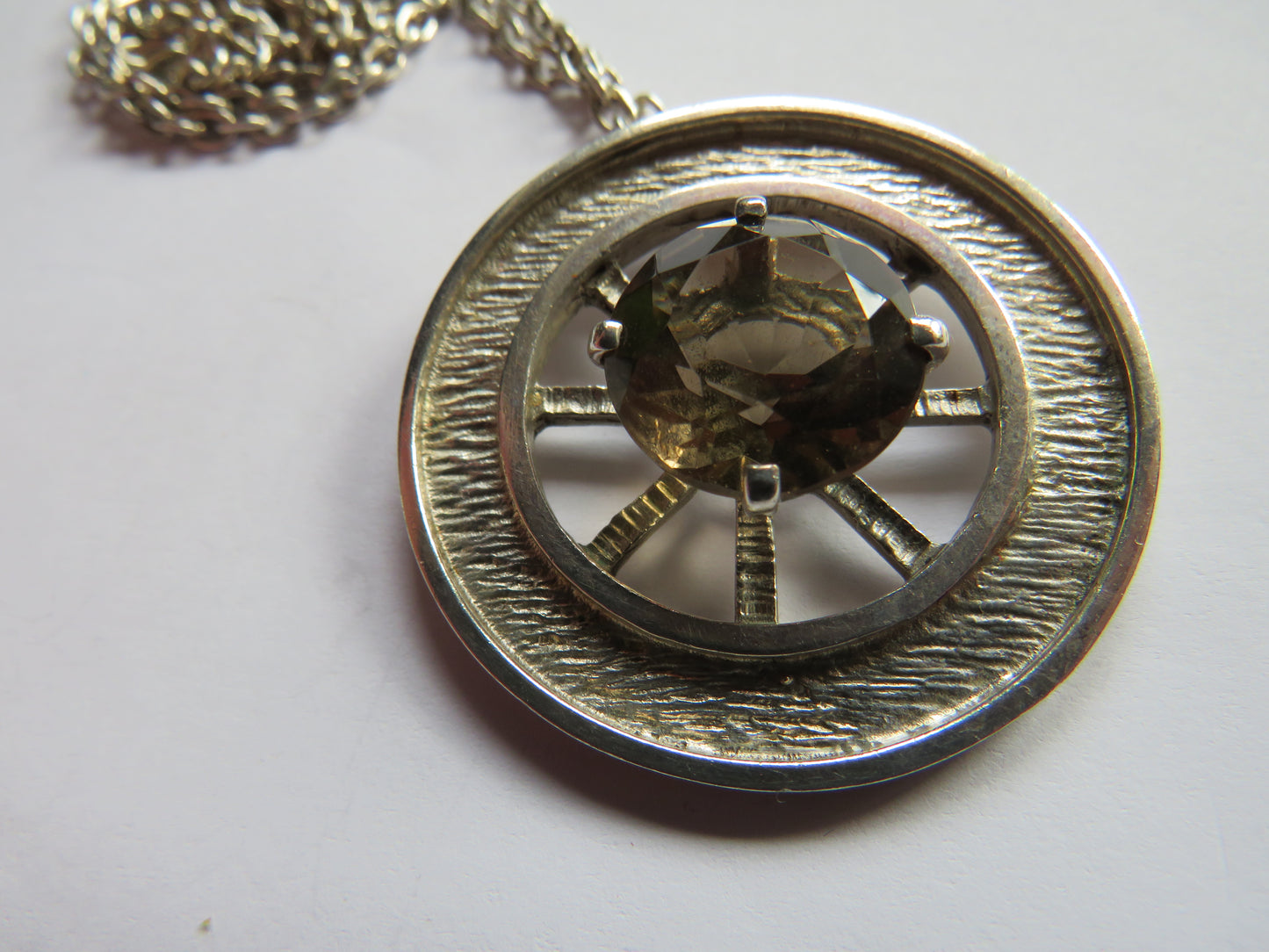 Good Quality Sterling Silver Necklace & Wheel Pendant With Smokey Quartz