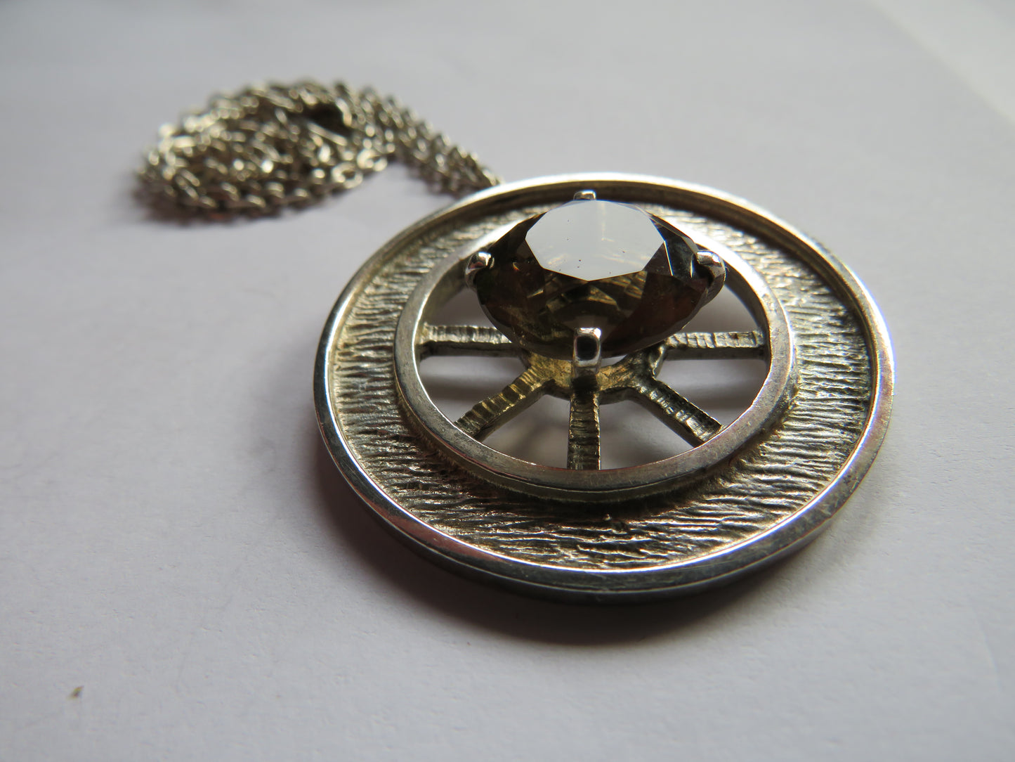 Good Quality Sterling Silver Necklace & Wheel Pendant With Smokey Quartz