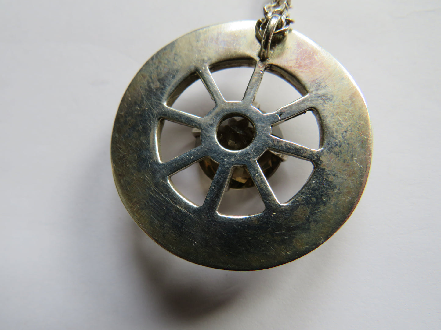 Good Quality Sterling Silver Necklace & Wheel Pendant With Smokey Quartz