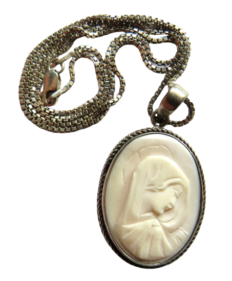 Vintage Ladies Sterling Silver Necklace With Mary Cameo Pendant