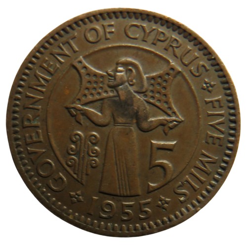 1955 Queen Elizabeth II Cyprus 5 Mils Coin