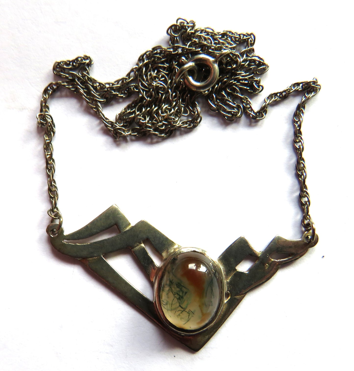 Ladies Sterling Silver & Moss Agate Necklace & Pendant