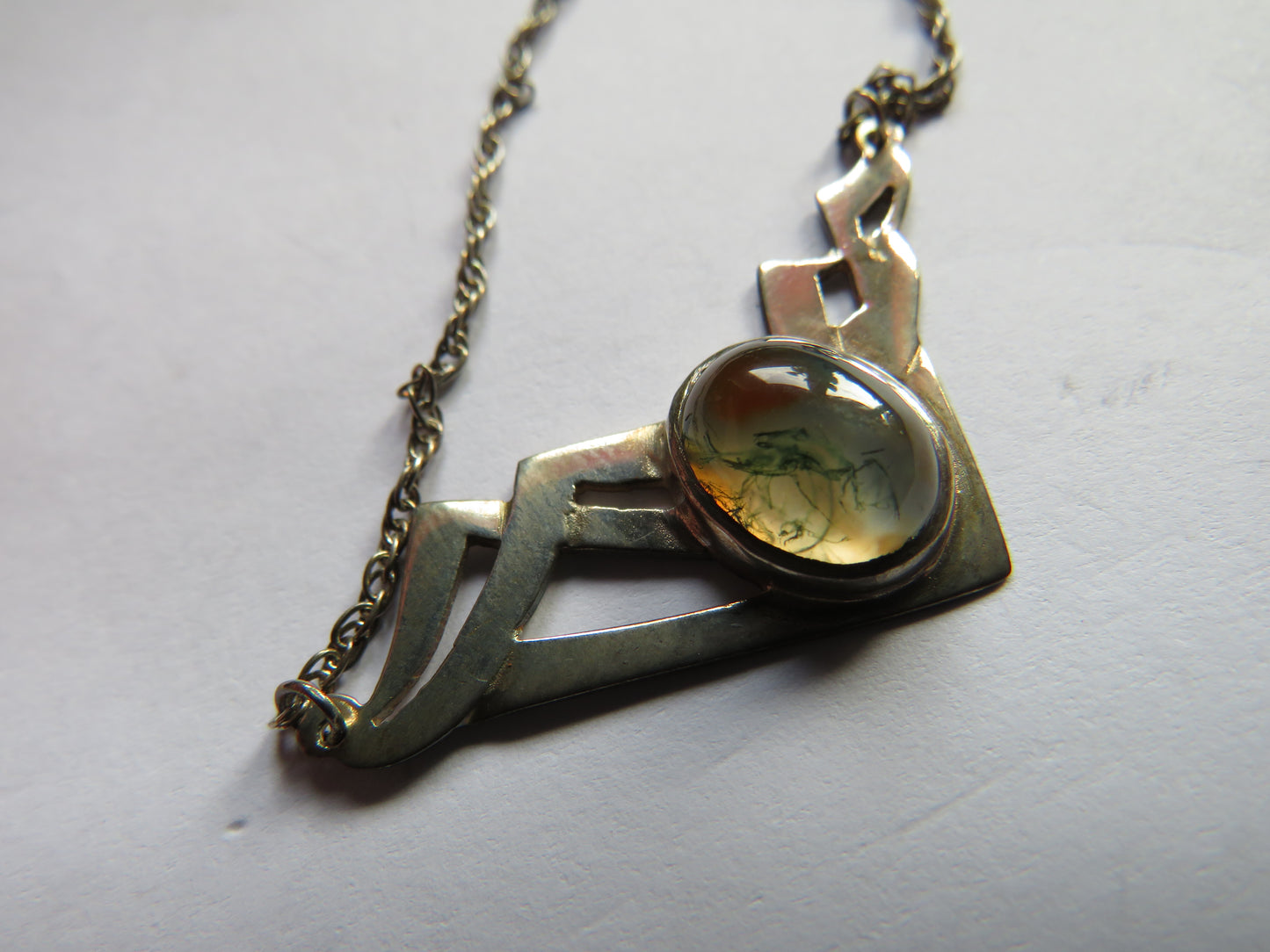 Ladies Sterling Silver & Moss Agate Necklace & Pendant