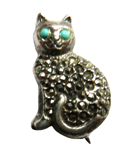Vintage Silver, Marcasite & Turquoise Cat Brooch