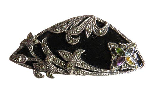 Stylish Ladies Sterling Silver, Black Stone, Marcasite & Floral Gem Stone Brooch