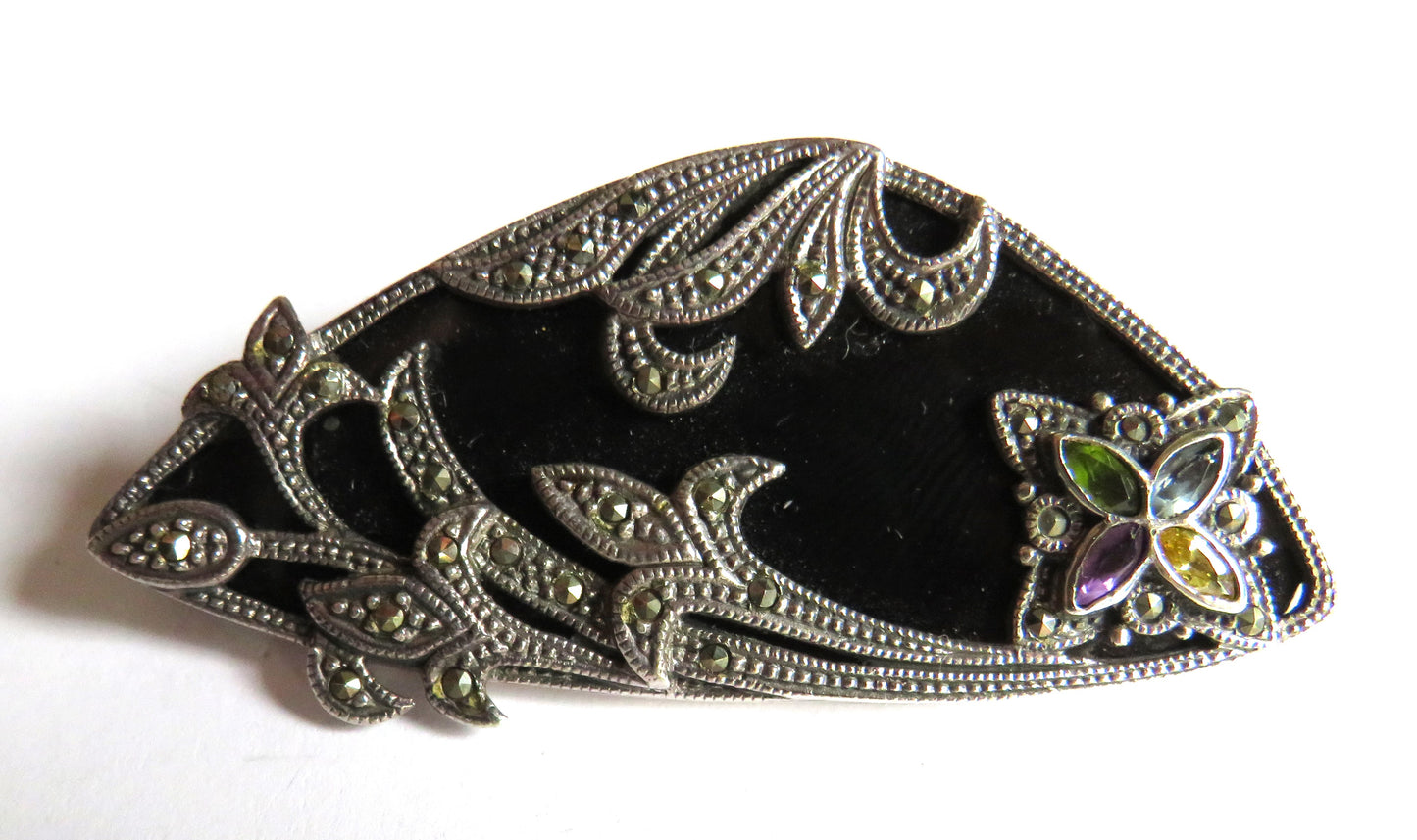 Stylish Ladies Sterling Silver, Black Stone, Marcasite & Floral Gem Stone Brooch