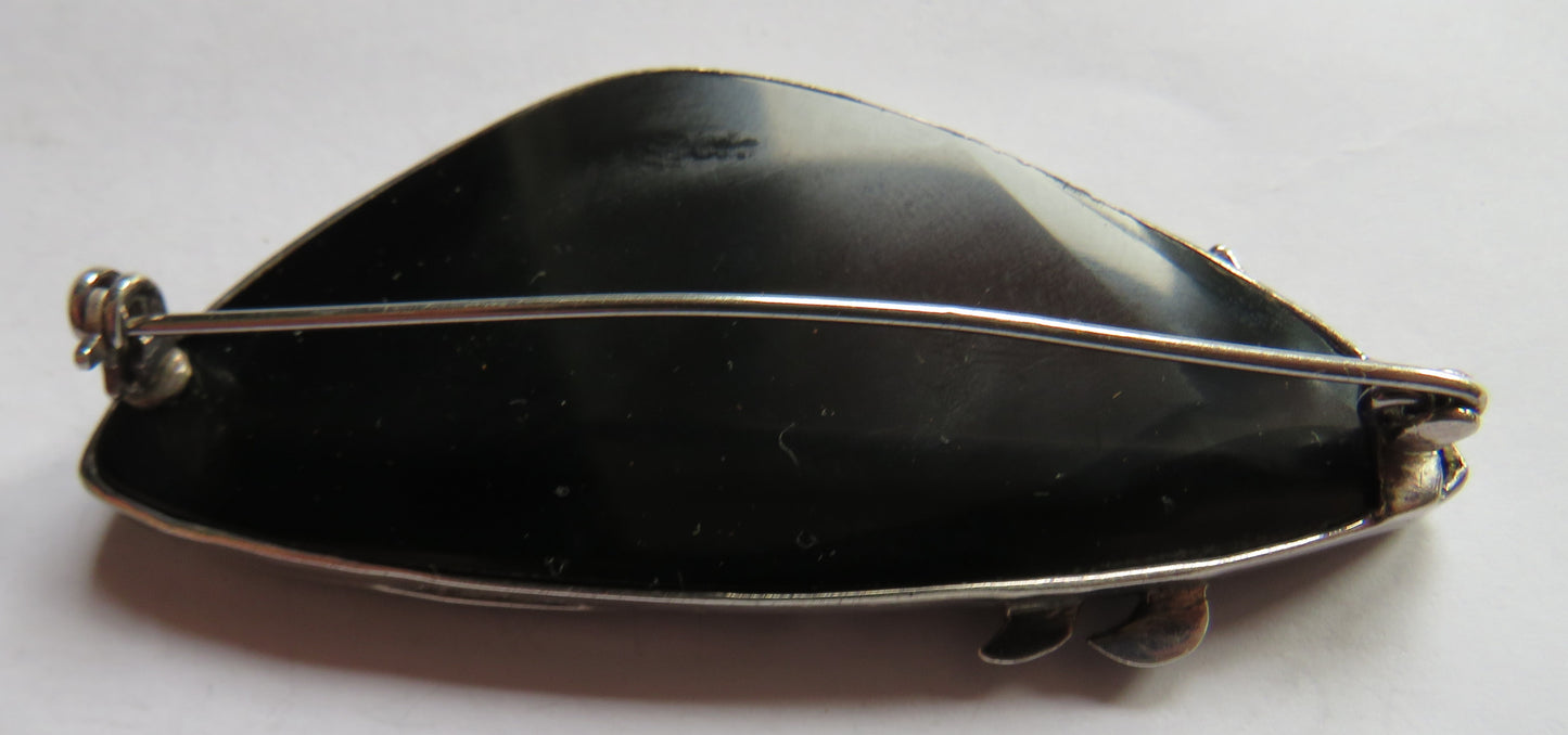 Stylish Ladies Sterling Silver, Black Stone, Marcasite & Floral Gem Stone Brooch