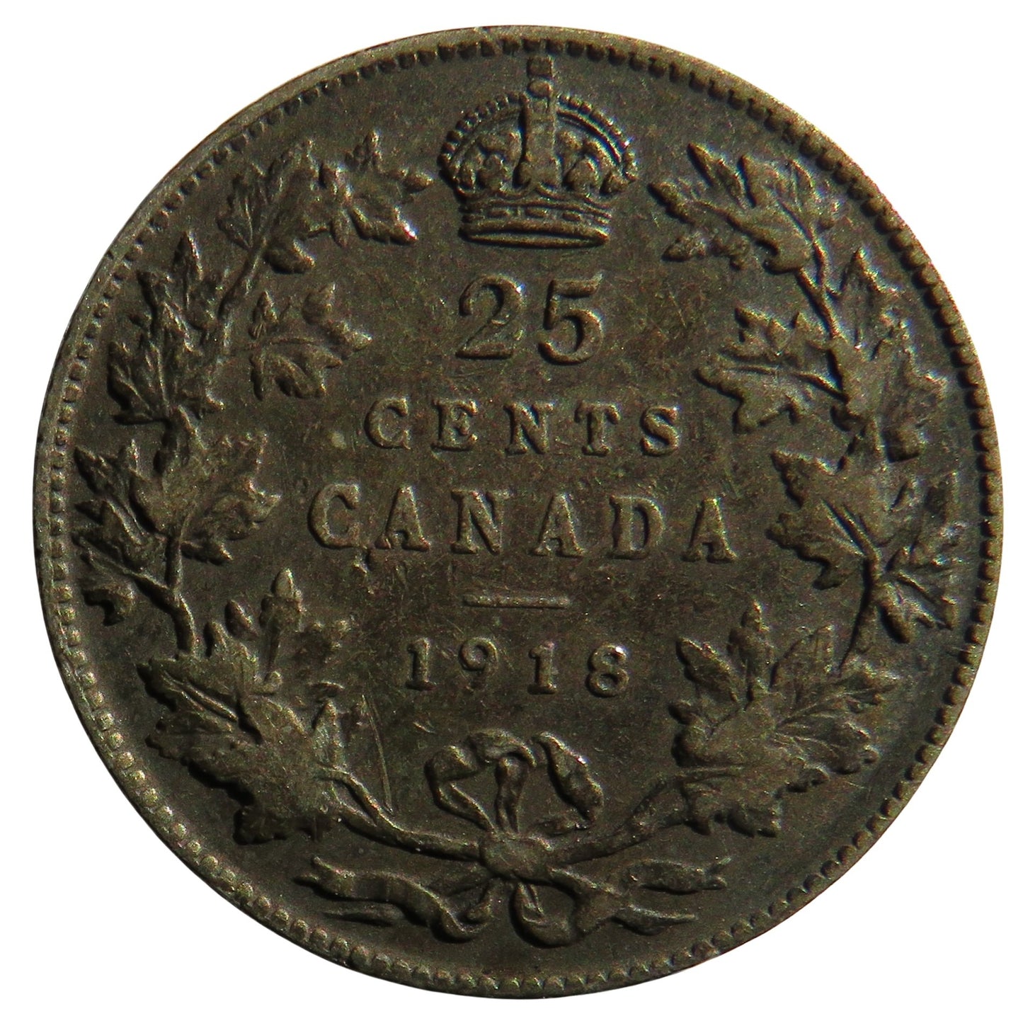 1918 King George V Canada Silver 25 Cents Coin