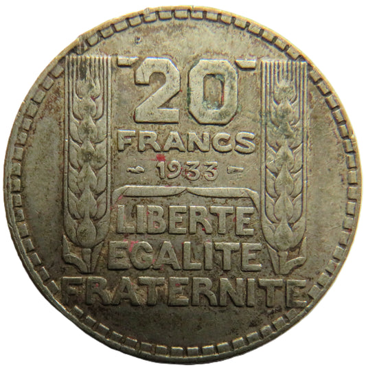 1933 France Silver 20 Francs Coin