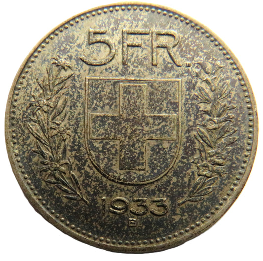 1933 Switzerland Silver 5 Francs Coin