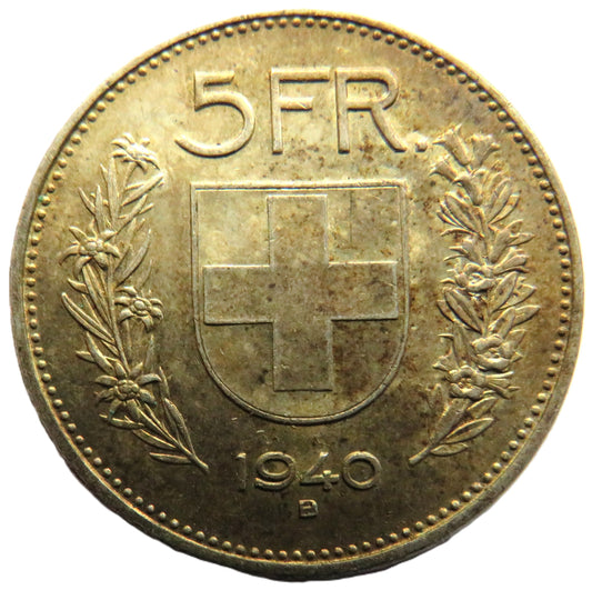 1940 Switzerland Silver 5 Francs Coin In Higher Grade