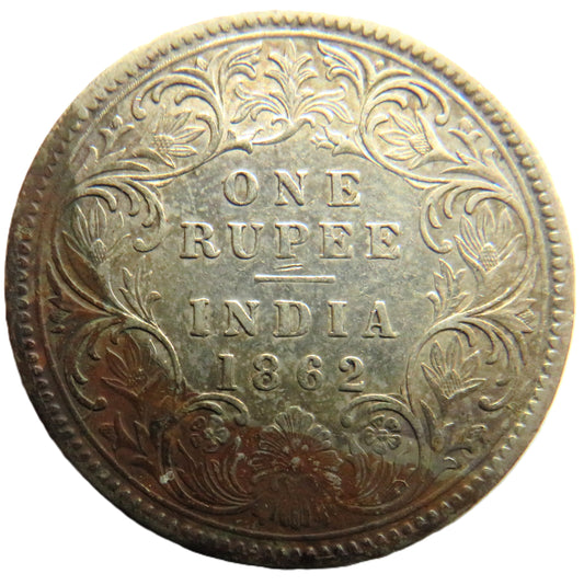 1862 Queen Victoria India Silver One Rupee Coin