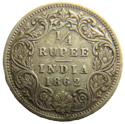 1862 Queen Victoria India Silver 1/4 Rupee Coin