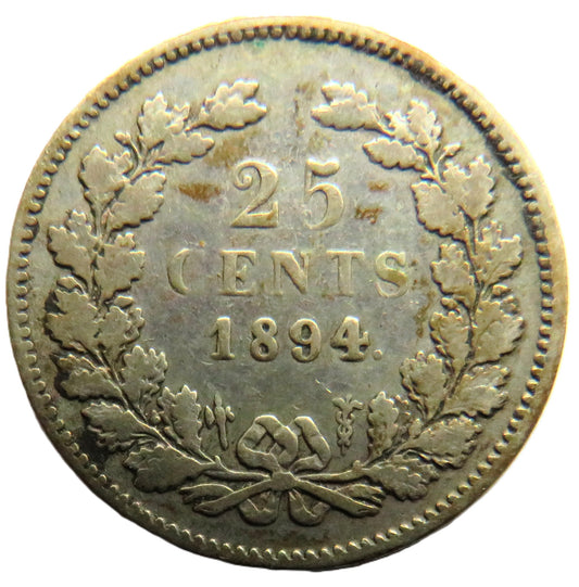 1894 Netherlands Silver 25 Cents Coin