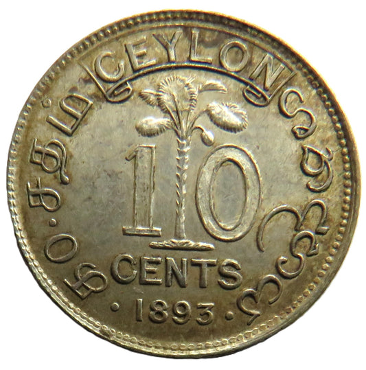 1893 Queen Victoria Ceylon Silver 10 Cents Coin In High Grade