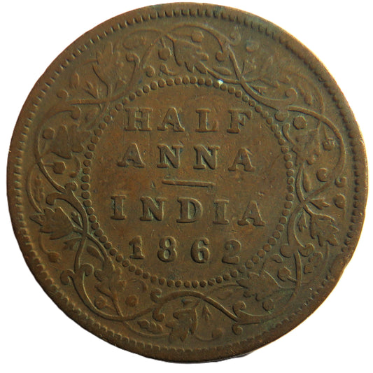 1862 Queen Victoria India 1/2 Half-Anna Coin