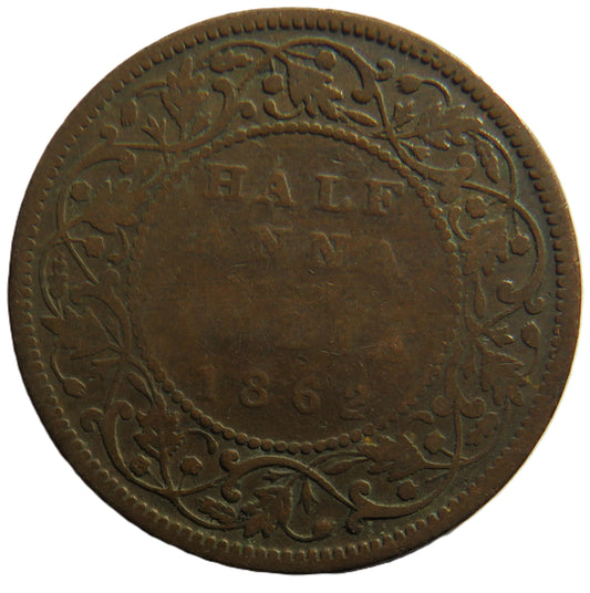 1862 Queen Victoria India 1/2 Half-Anna Coin