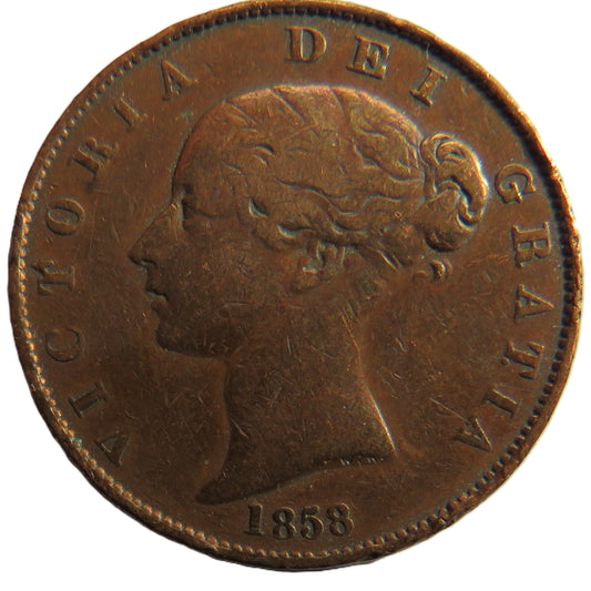 1858 Queen Victoria Young Head Halfpenny Coin - Great Britain