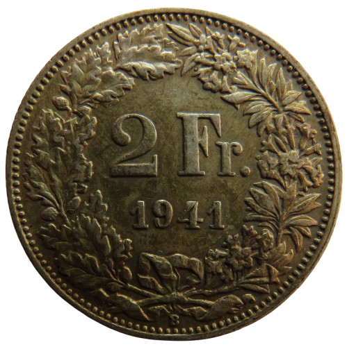 1941 Switzerland Silver 2 Francs Coin