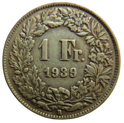 1939 Switzerland Silver One Franc Coin