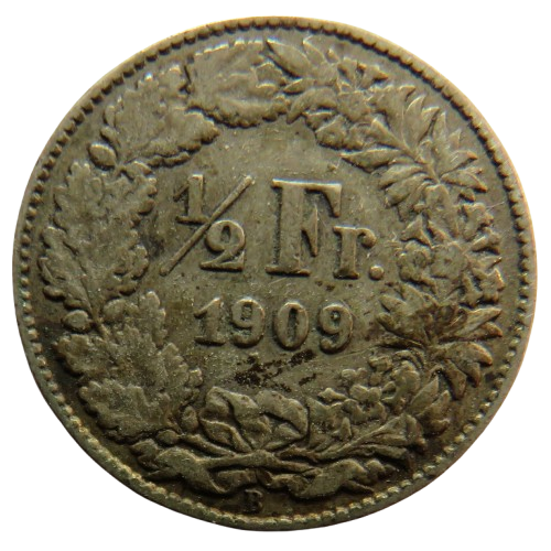 1909 Switzerland Silver 1/2 Franc Coin