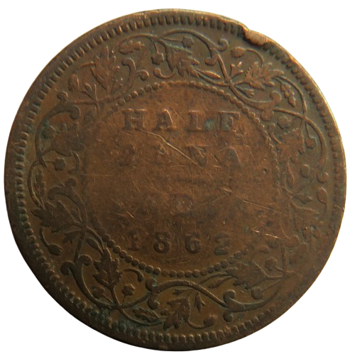1862 Queen Victoria India 1/2 Half Anna Coin