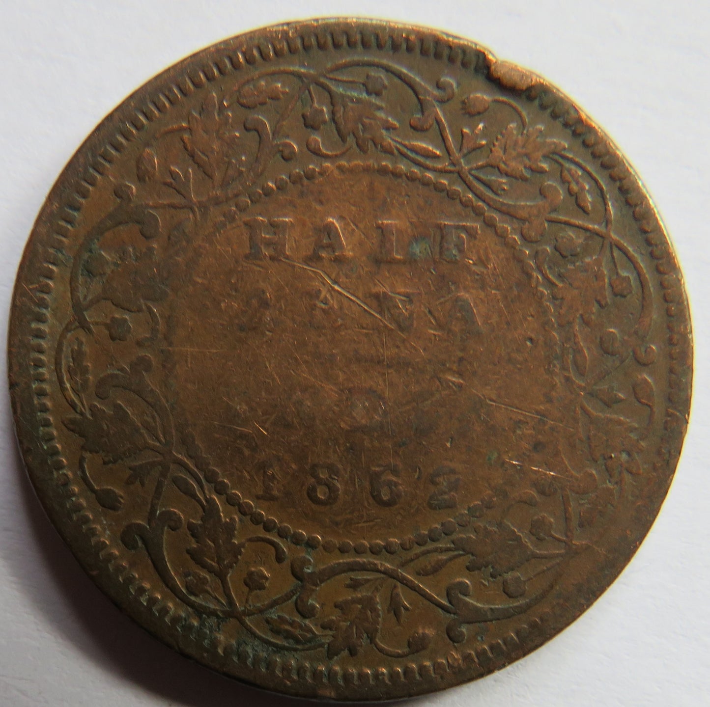 1862 Queen Victoria India 1/2 Half Anna Coin