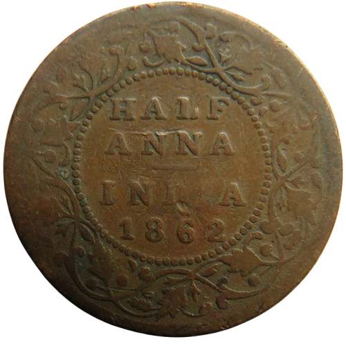 1862 Queen Victoria India 1/2 Half Anna Coin