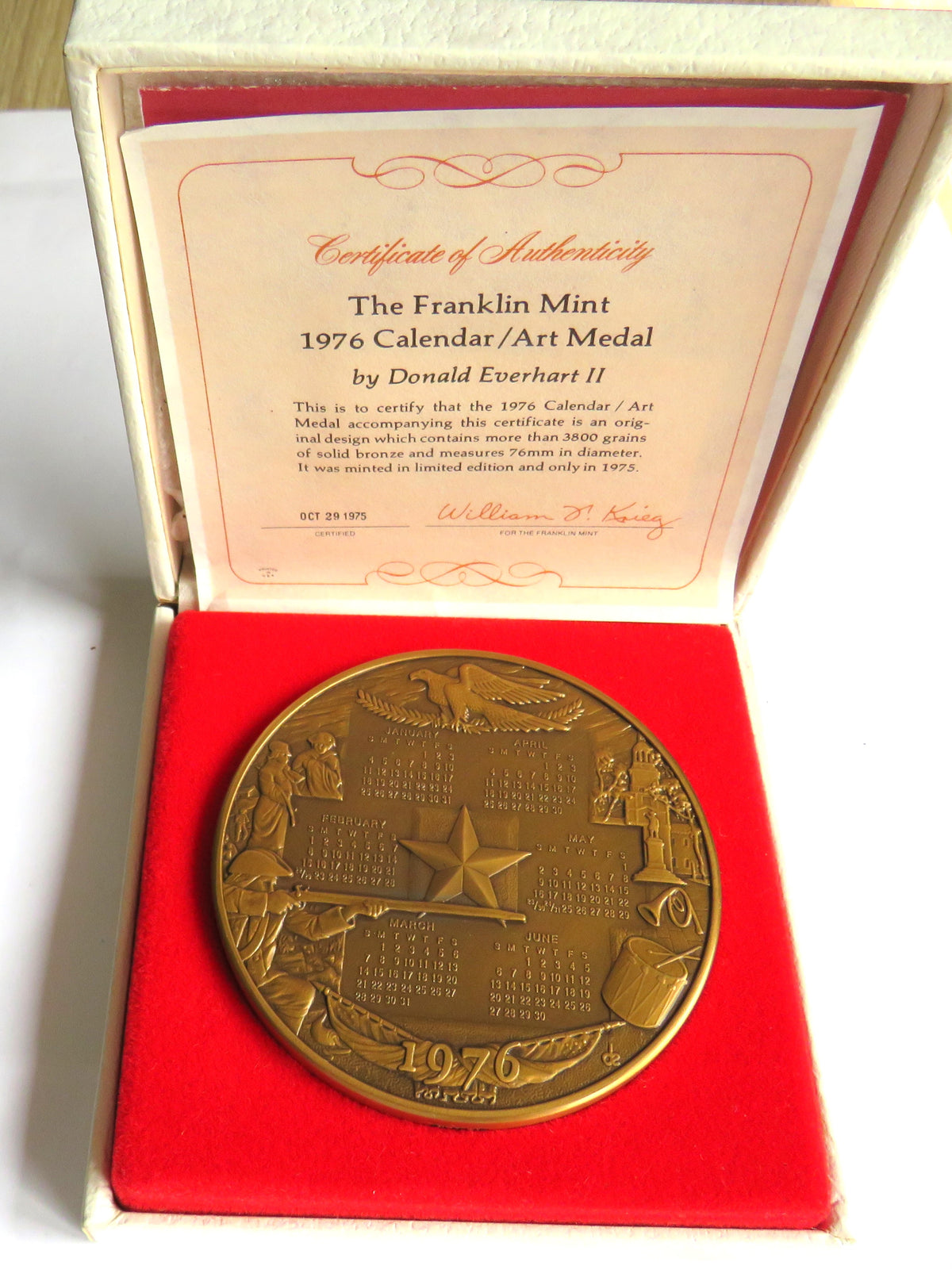 The 1976 Franklin Mint Annual Calendar / Art Large Bronze Medal
