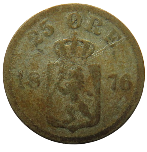 1876 Sweden Silver 25 Ore Coin