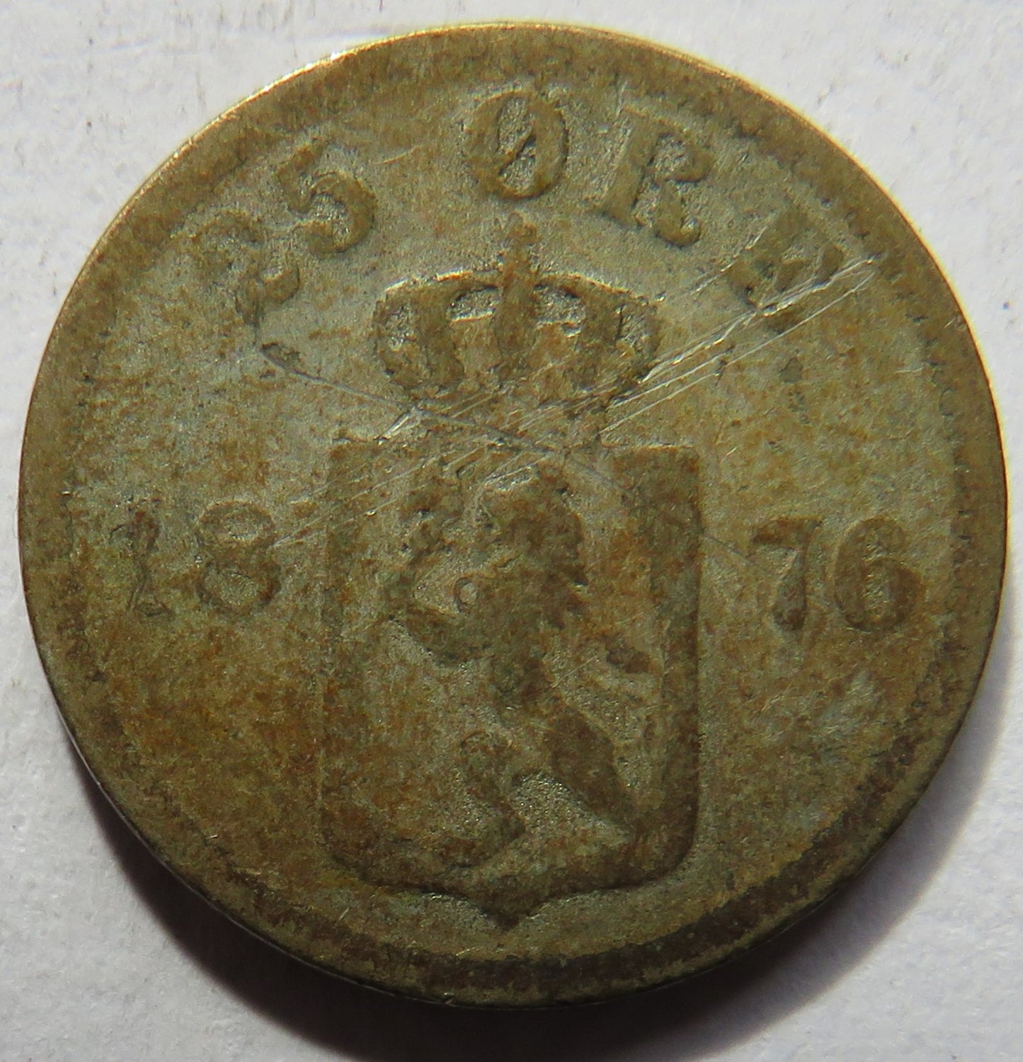1876 Sweden Silver 25 Ore Coin