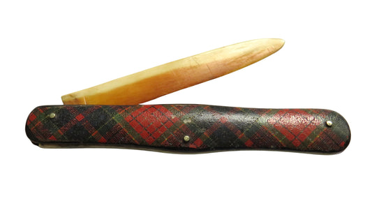 Antique Mauchline Tartan Ware Pen Knife With Bone Handle Caledonia Tartan