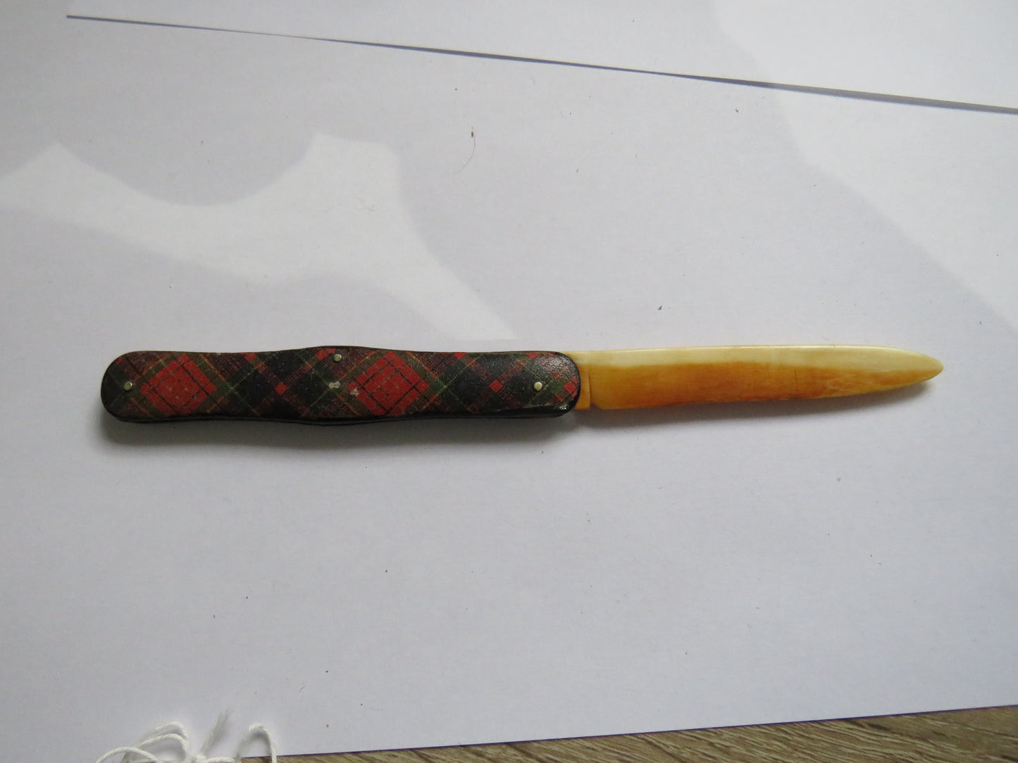 Antique Mauchline Tartan Ware Pen Knife With Bone Handle Caledonia Tartan