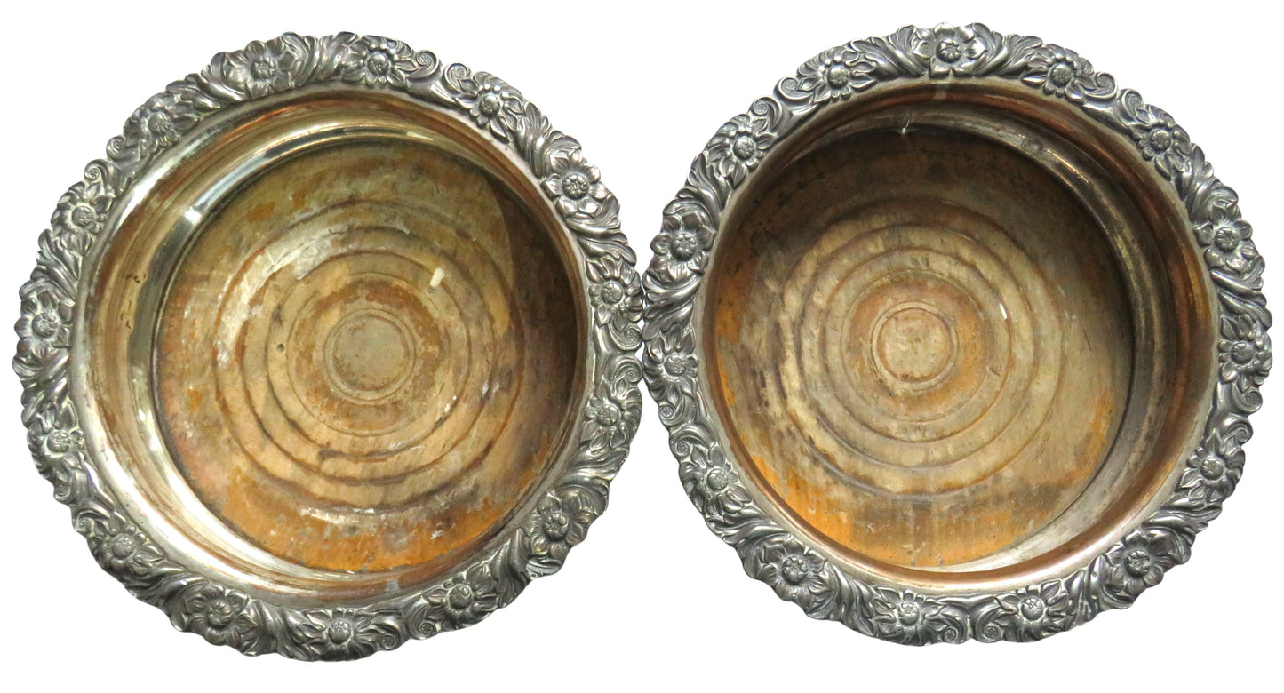 Antique Pair of Silver Plated Wine Coasters With Floral Decorations