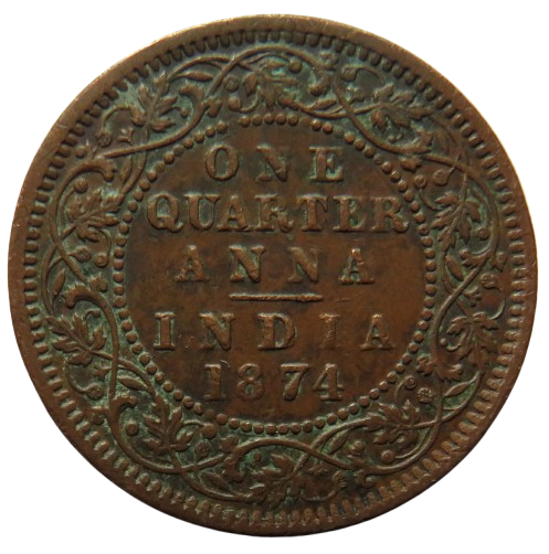 1874 Queen Victoria India 1/4 Quarter Anna Coin