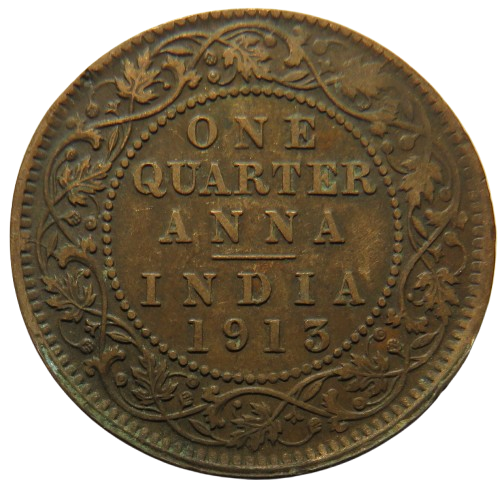 1913 King George V India 1/4 Quarter Anna Coin