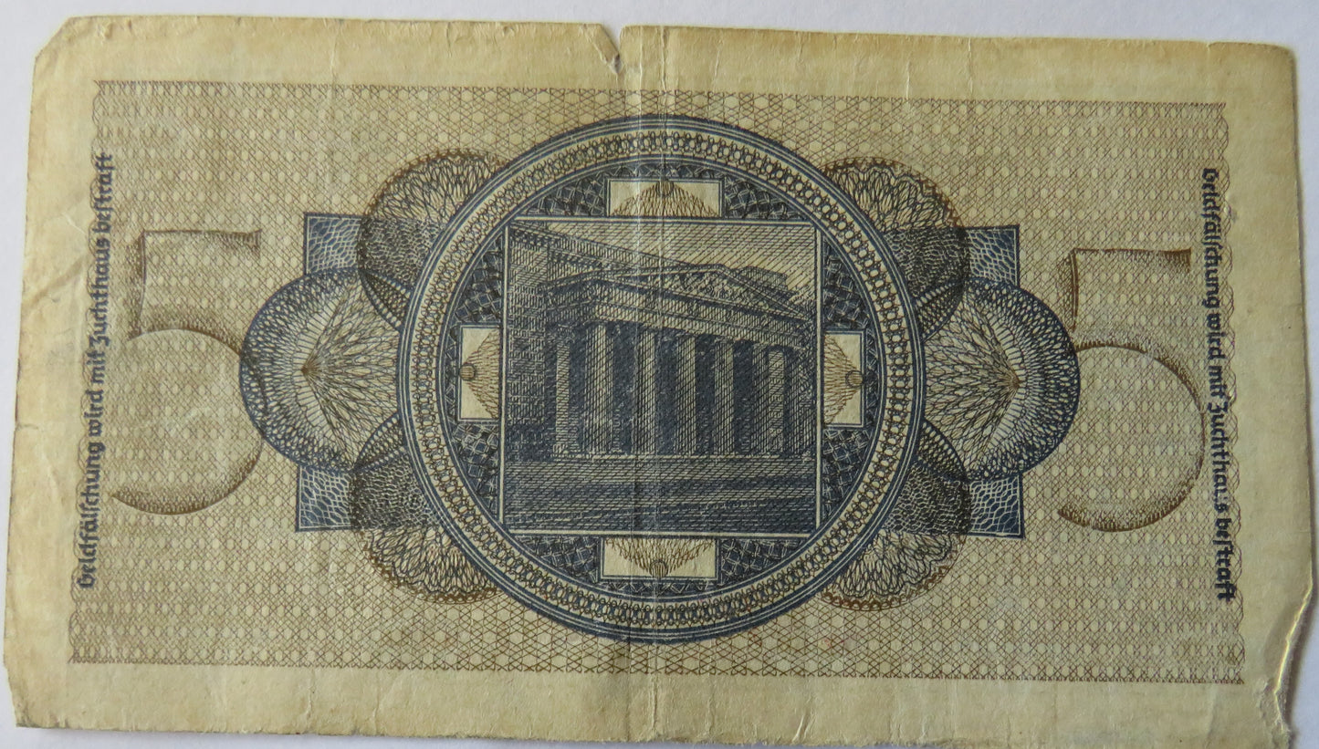 Germany 5 Reichsmark Banknote