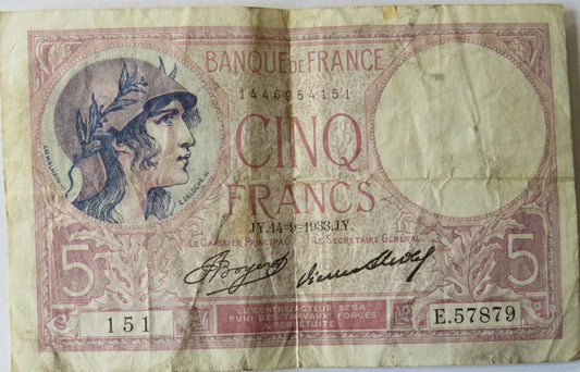 1933 France 5 Francs Banknote