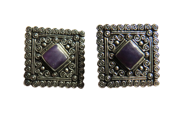 Vintage Ladies Silver & Purple Stone Clip On Earrings