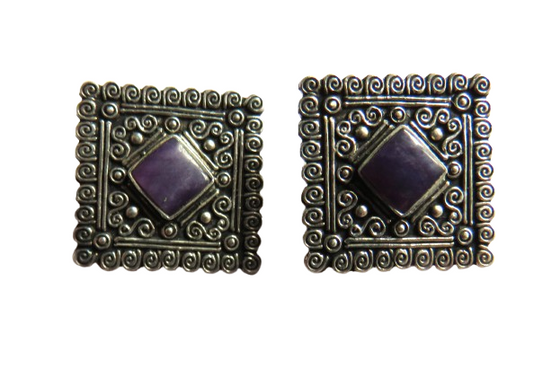 Vintage Ladies Silver & Purple Stone Clip On Earrings