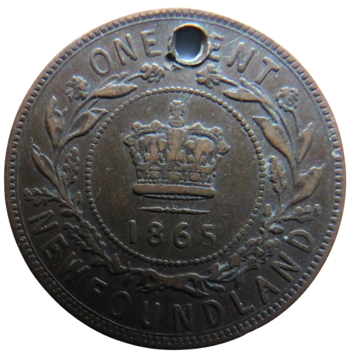 1865 Queen Victoria Newfoundland One Cent Coin (Holed)