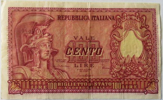 1951 Italy 100 Lire Banknote