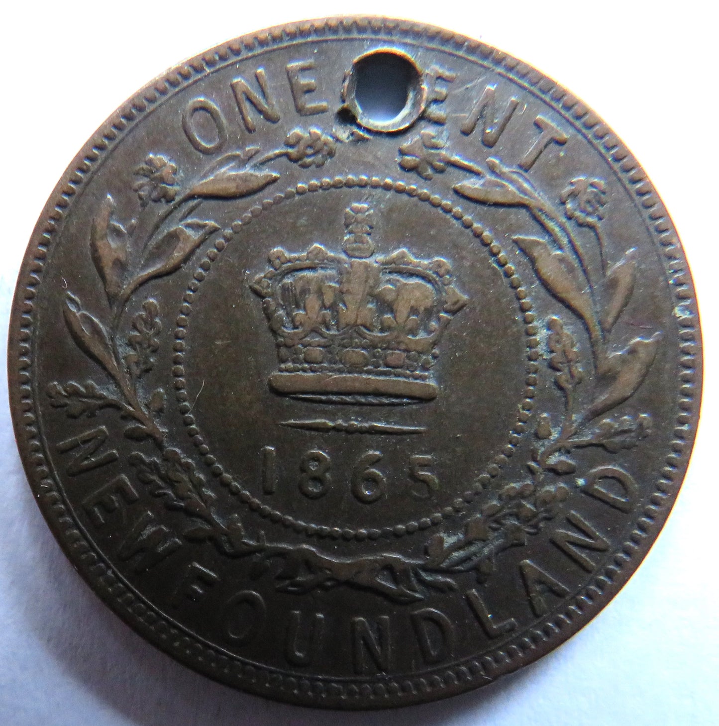 1865 Queen Victoria Newfoundland One Cent Coin (Holed)