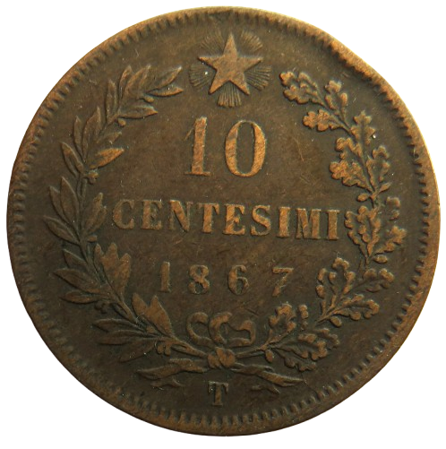 1867-T Italy 10 Centesimi Coin