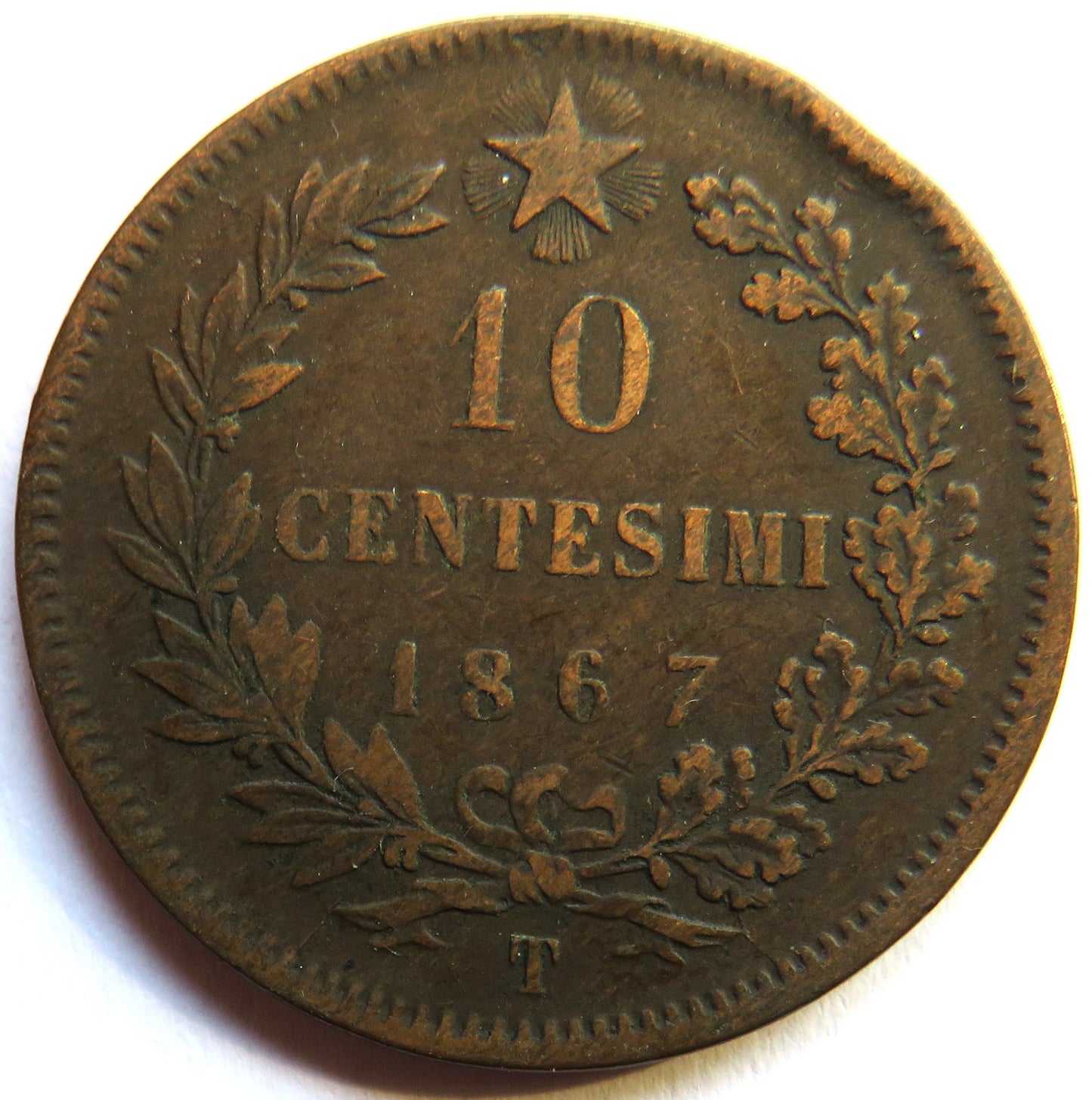 1867-T Italy 10 Centesimi Coin