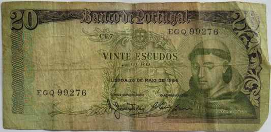 1954 Portugal 20 Escudos Banknote image 1